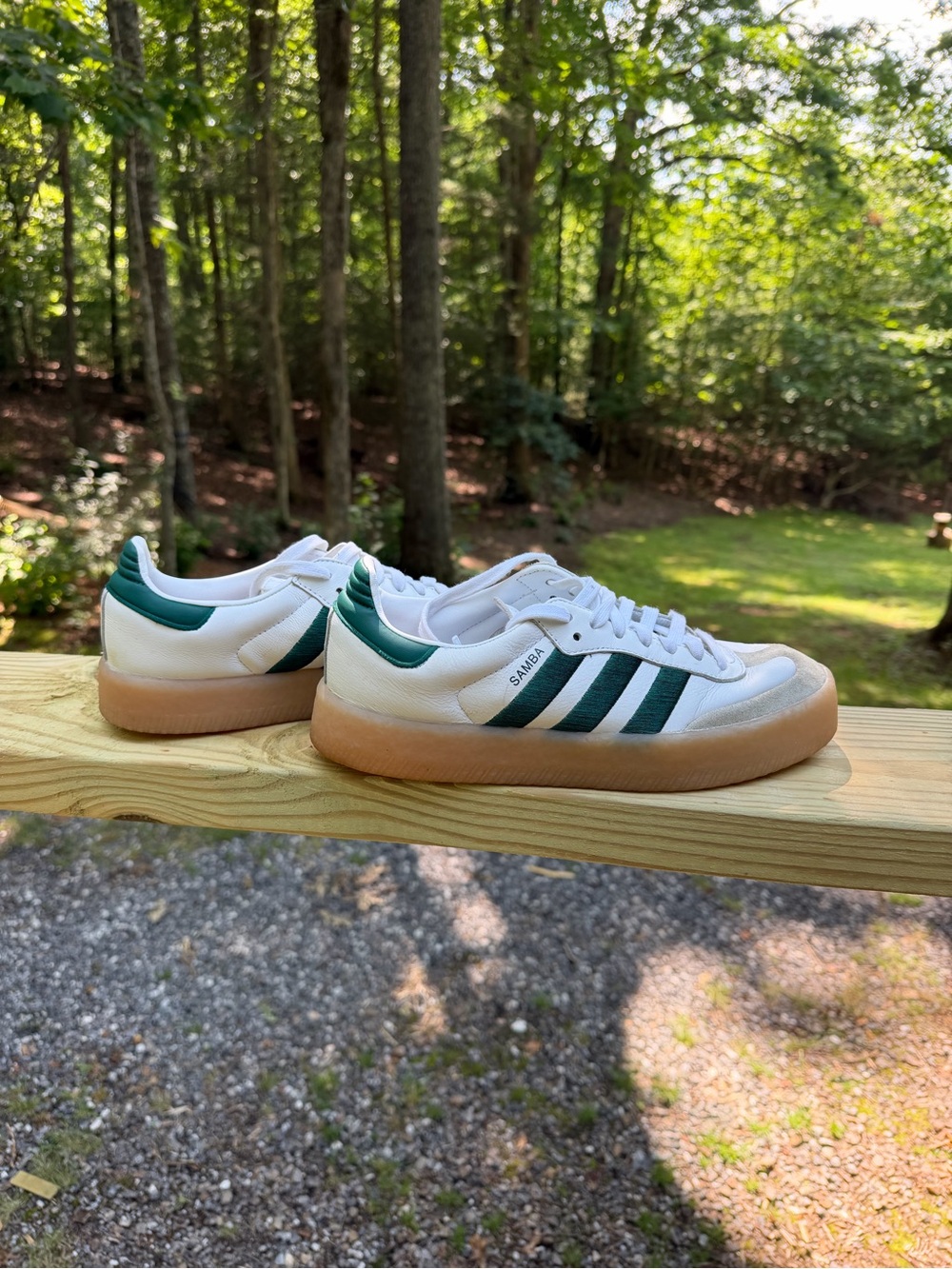 Adidas SAMBAE White Sneakers with Dark Green Stripes and Gum Sole